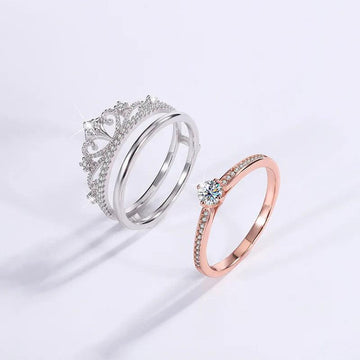 18K Rose Gold Plated D Color Moissanite Diamonds Crown Ring Set - 100% 925 Sterling Silver Fine Jewellery - The Jewellery Supermarket